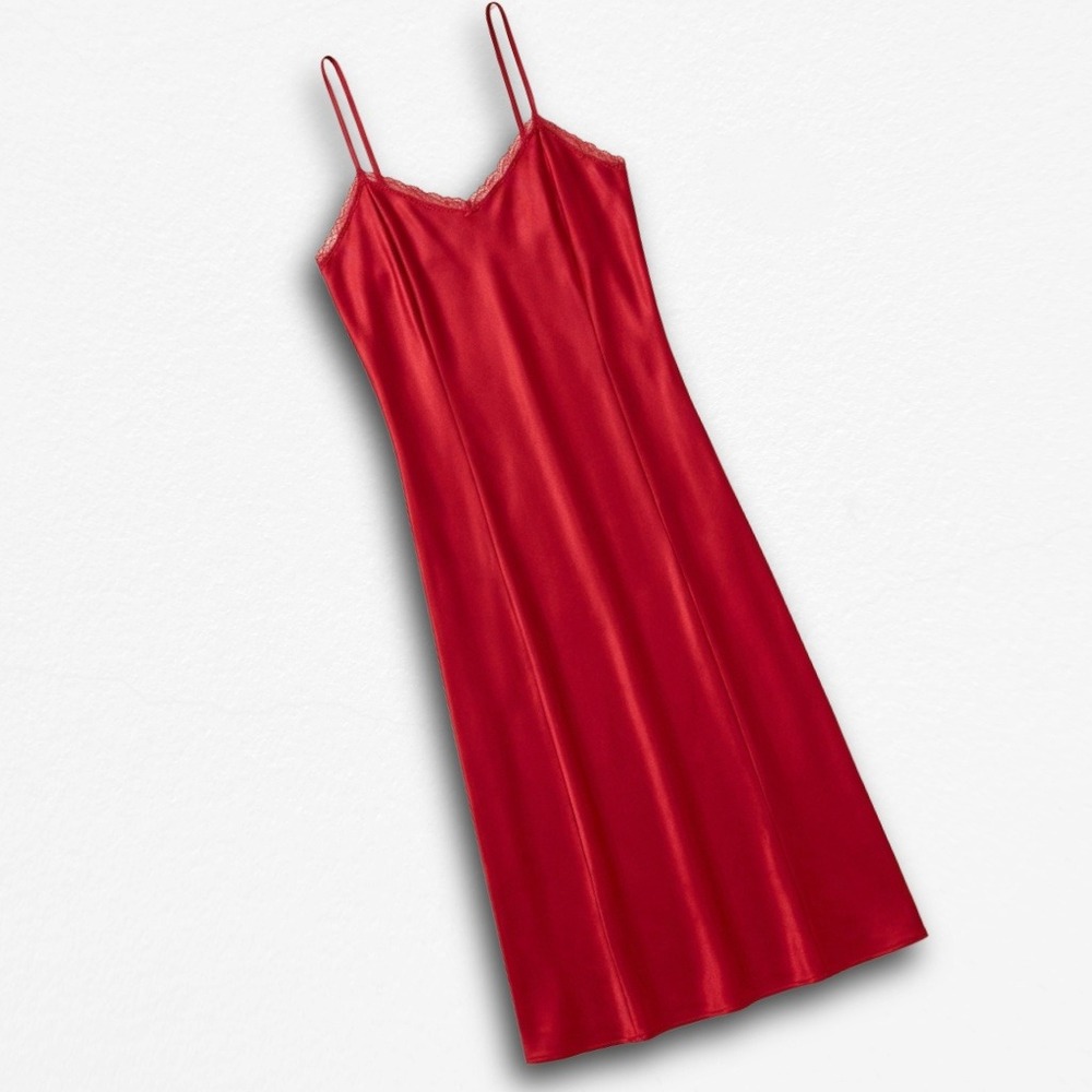 Erika Taylor Red Satin Slip Dress Vintage 90s Lace Trim Maxi Medium